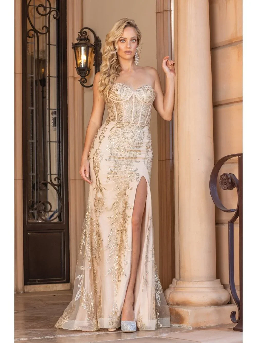 NEW GOLD Evening Gown Floor Length Formal Elegant Stunning 4335